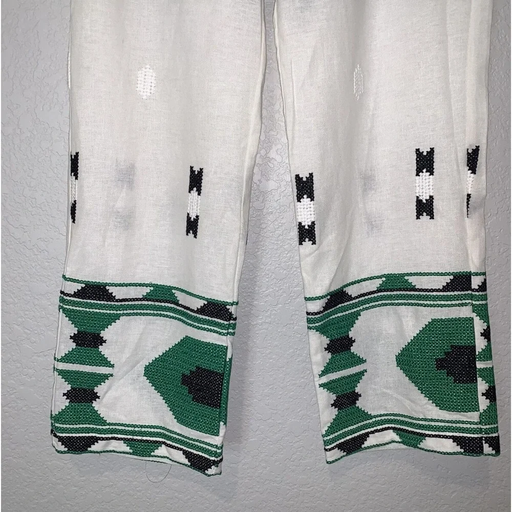 Zara Embroidered High Rise Waist Linen Crop Straight Beige Green Pant Womens M